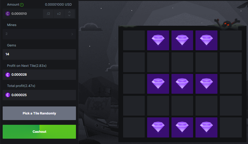 Example Mines game showing a 2.47x multiplier after successfully choosing 9 gems in a game of 2 mines